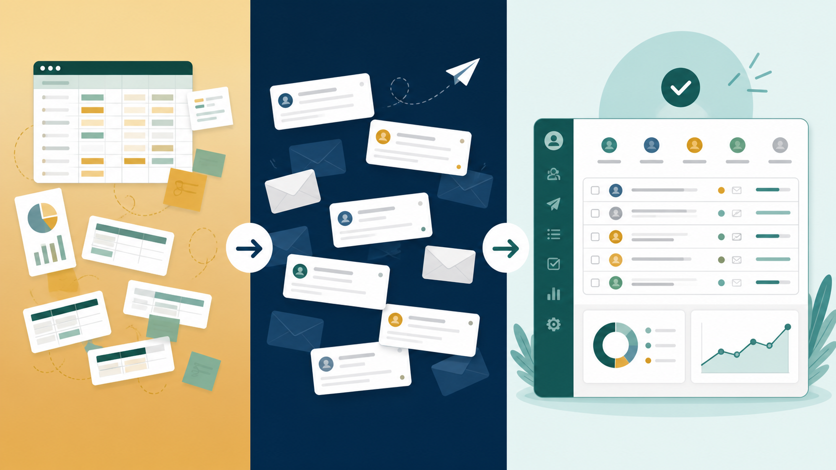 Abstract comparison of scattered spreadsheets and a unified outreach workflow